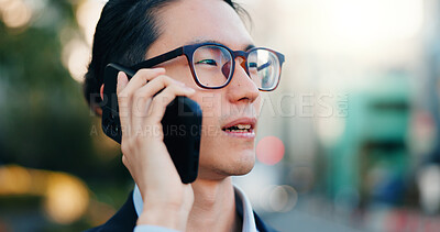 Buy stock photo Phone call, city and face of business man consulting, networking and chat about news, report or negotiation. Cellphone, morning journey and Japanese consultant talking with contact on urban commute