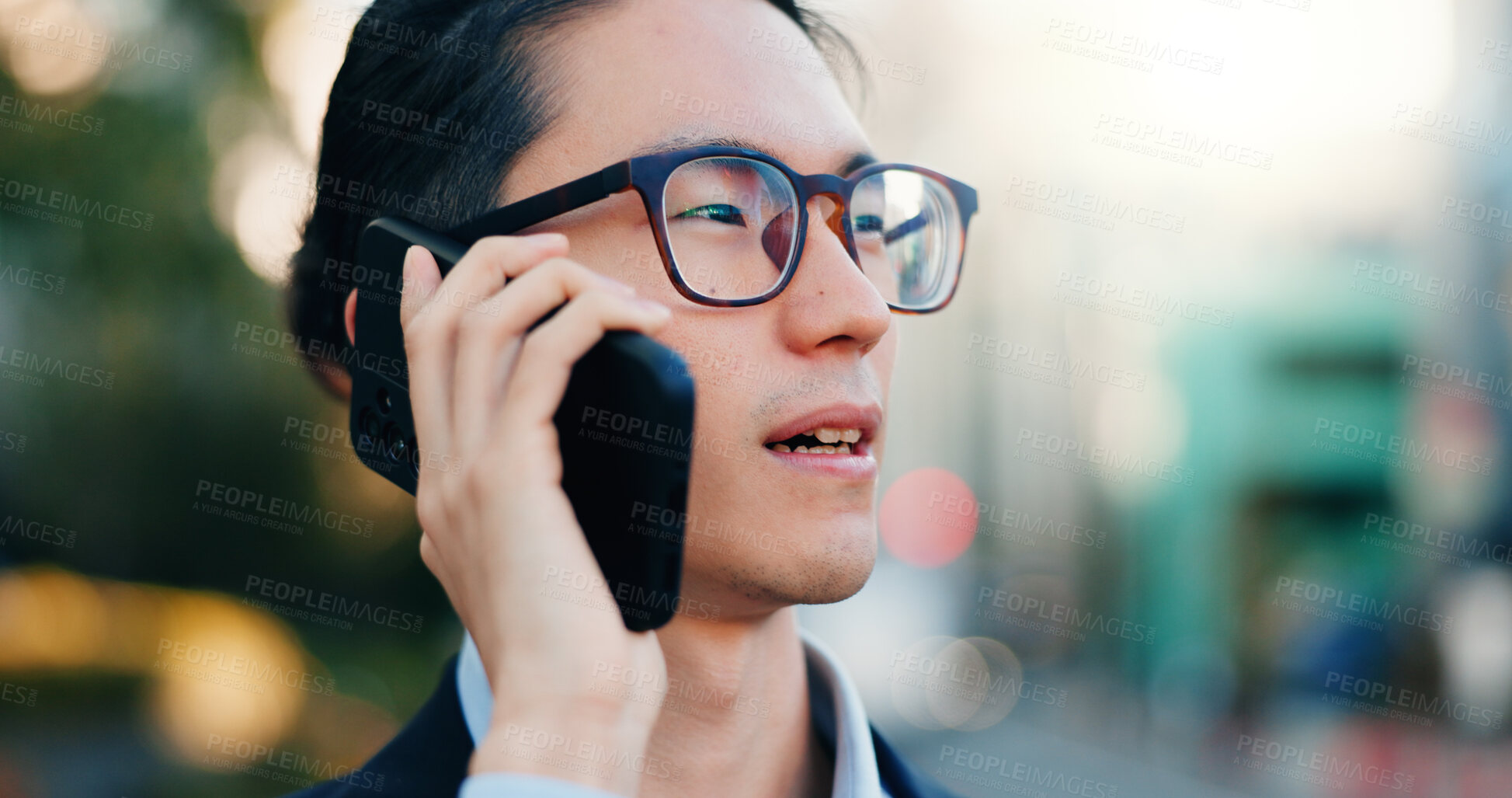 Buy stock photo Phone call, city and face of business man consulting, networking and chat about news, report or negotiation. Cellphone, morning journey and Japanese consultant talking with contact on urban commute