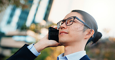 Buy stock photo Phone call, city or face of professional man planning, networking and consulting with mobile user in negotiation. Cellphone, conversation or Japanese businessman talking with contact on urban commute