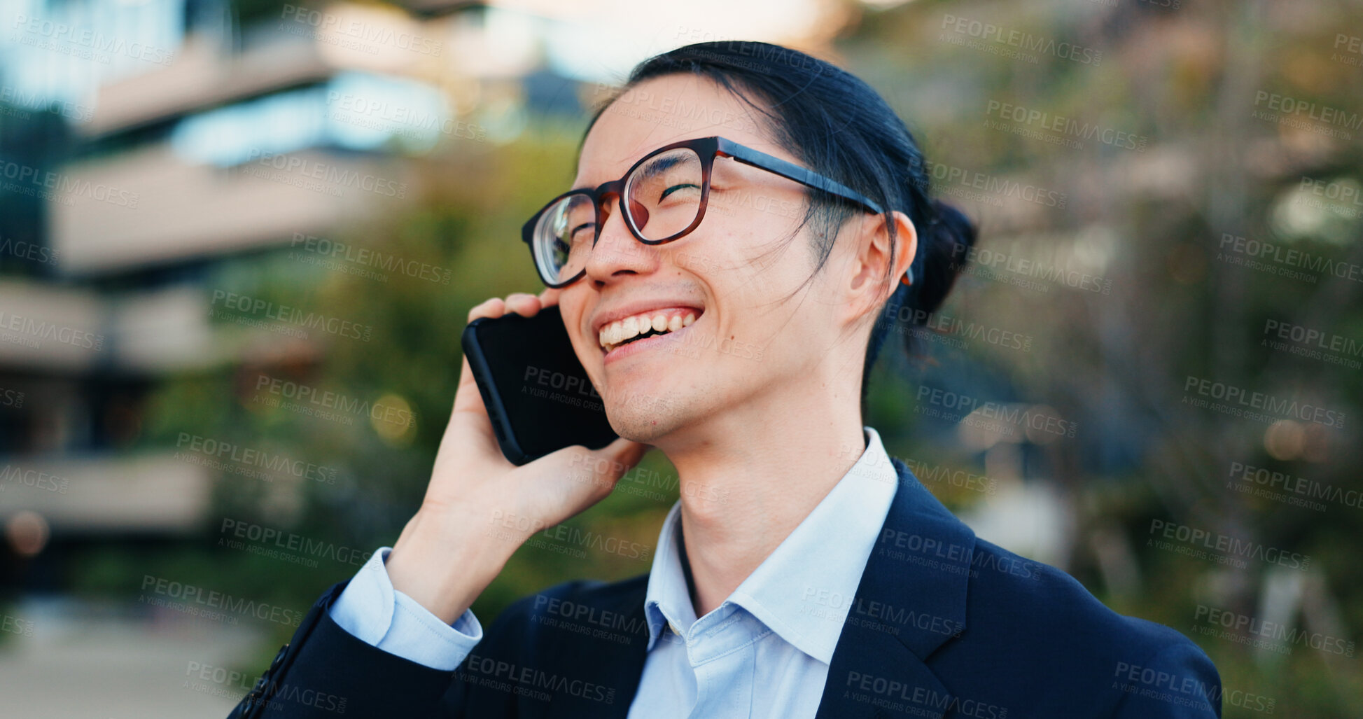Buy stock photo Phone call, city and business man laugh at funny feedback, discussion and chat about news, report or results. Smartphone, humour and happy face of Japanese agent talking with contact on urban commute