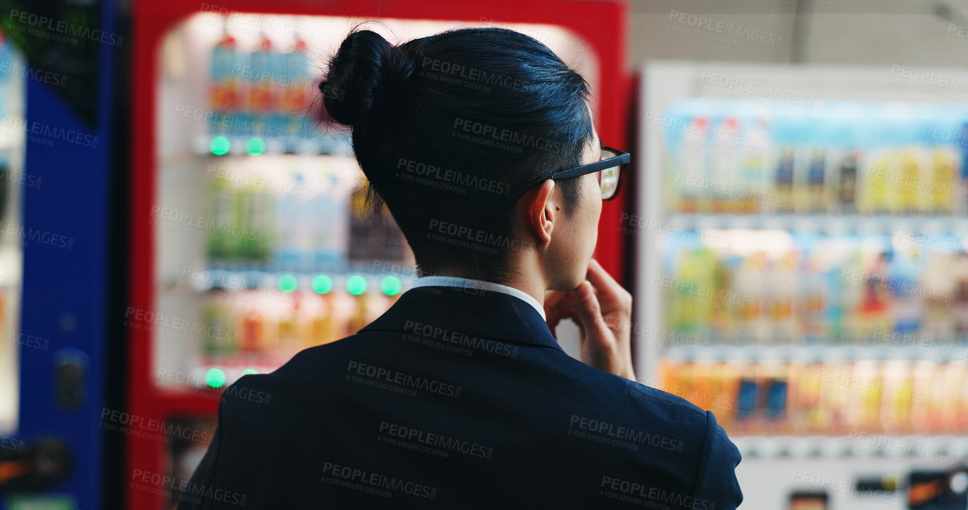 Buy stock photo Vending machine, business man and choice, decision or thinking of automatic service technology at night in city outdoor. Back, shopping and hungry professional customer in urban town in Tokyo Japan