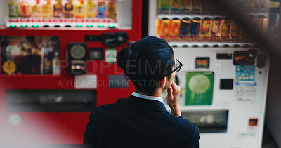 Buy stock photo Vending machine, business man and thinking, decision or choice of automatic service on digital tech at night in city outdoor. Back, shopping and professional customer in urban town in Tokyo Japan