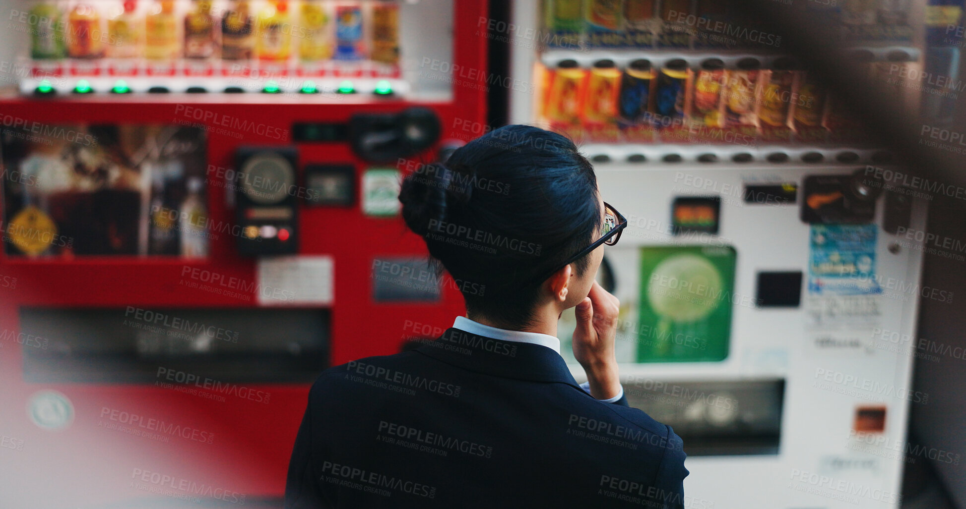 Buy stock photo Vending machine, business man and thinking, decision or choice of automatic service on digital tech at night in city outdoor. Back, shopping and professional customer in urban town in Tokyo Japan