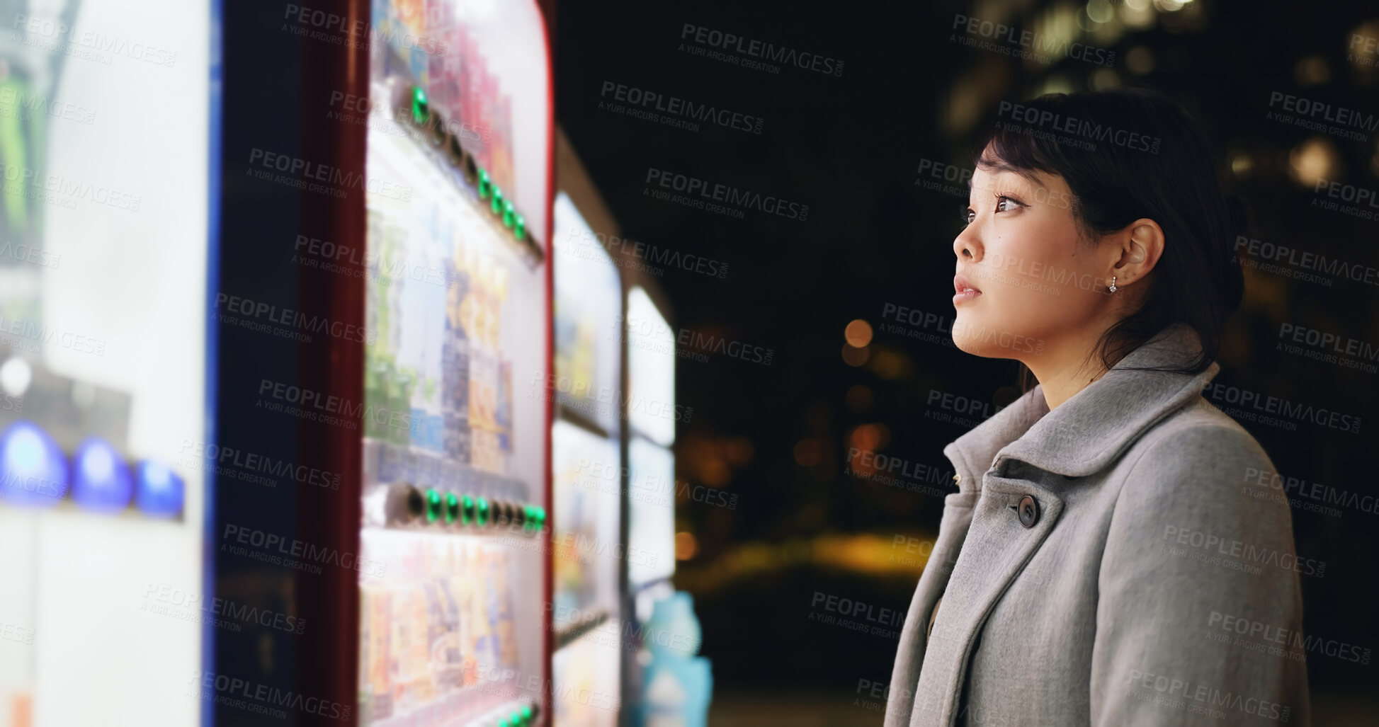 Buy stock photo Vending machine, woman and phone payment at night, automatic digital purchase or choice of food in city outdoor. Smartphone, shopping and Japanese business person on mobile technology in urban town