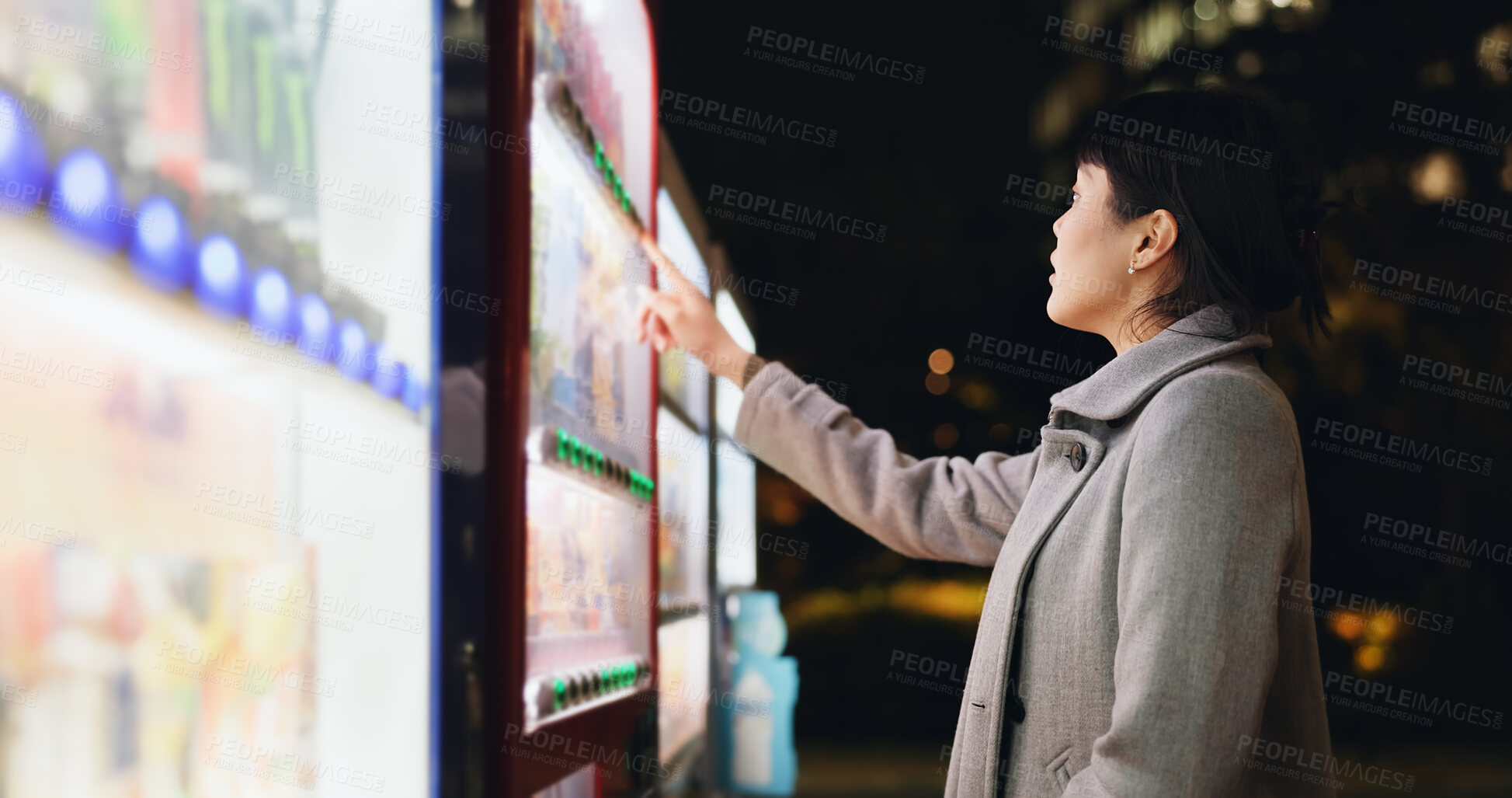 Buy stock photo Vending machine, woman and phone payment at night, automatic digital purchase or choice of food in city outdoor. Smartphone, shopping and Japanese business person on mobile technology in urban town