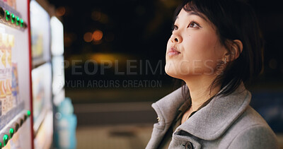 Buy stock photo Vending machine, woman and payment in city at night, automatic digital purchase or choice of food outdoor. Dispenser, shopping and Japanese person press button on technology in urban town in Tokyo