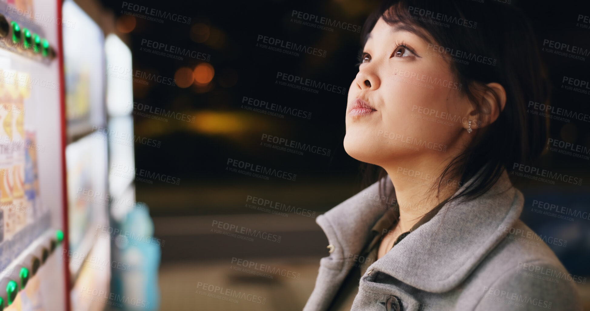 Buy stock photo Vending machine, woman and payment in city at night, automatic digital purchase or choice of food outdoor. Dispenser, shopping and Japanese person press button on technology in urban town in Tokyo