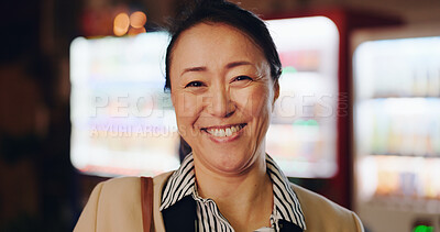 Buy stock photo Japanese business woman, night and face with funny smile, laughing and excited by vending machine. Person, corporate employee and happy mature worker in dark lobby, workplace and portrait in Osaka
