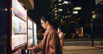 Vending machine, man and phone payment at night, automatic digital purchase or choice in city outdoor. Smartphone, shopping dispenser and Japanese business person on mobile technology in urban Tokyo