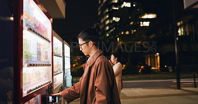 Buy stock photo Vending machine, man and phone payment at night, automatic digital purchase or choice in city outdoor. Smartphone, shopping dispenser and Japanese business person on mobile technology in urban Tokyo