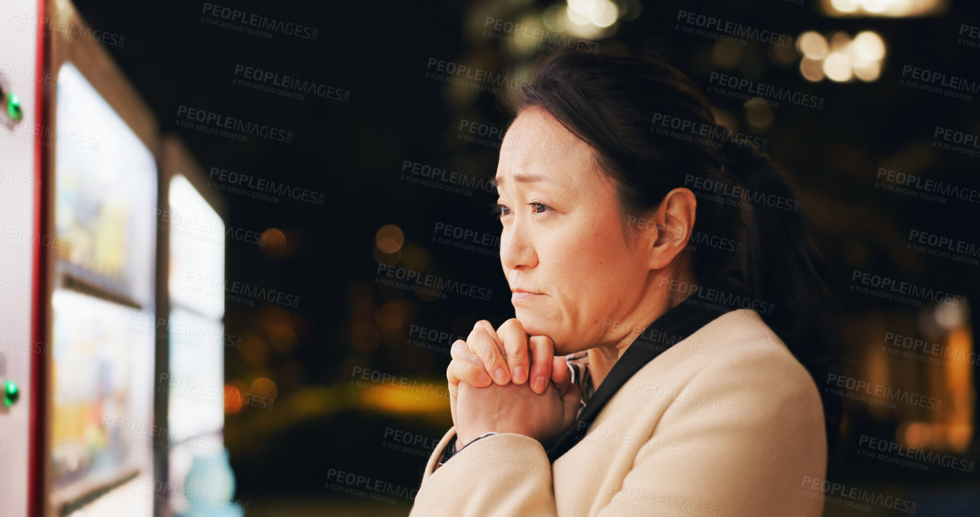 Buy stock photo Woman, thinking and choice at vending machine for food or hot drink with in city at night. Shopping, automatic service and customer with click button and press on decision downtown in Tokyo Japan