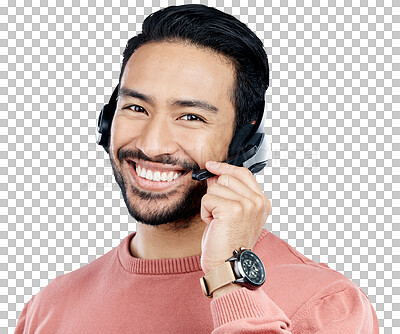 Asian man, portrait smile and headphones with mic for call cente