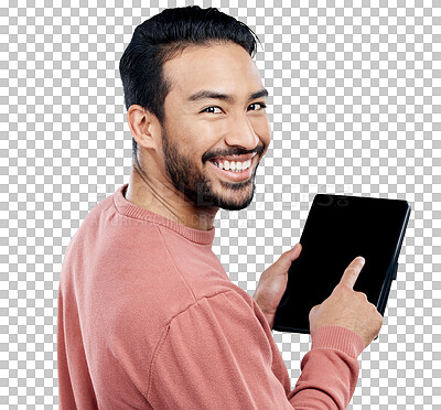 Portrait, smile and Asian man with tablet in studio isolated on