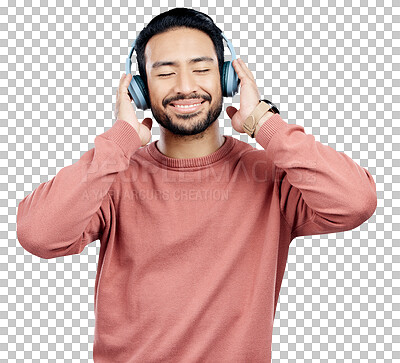 Listen, happy and Asian man with headphones, streaming music and