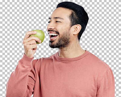Healthy, happy and an Asian man eating an apple isolated on a wh