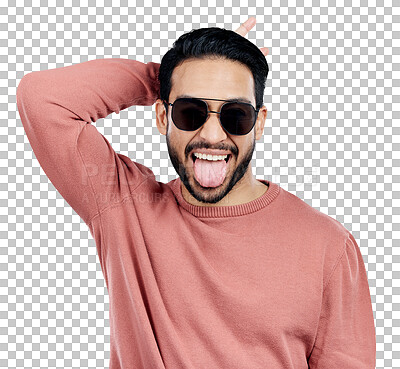 Portrait, tongue out and Asian man with sunglasses, funny and si