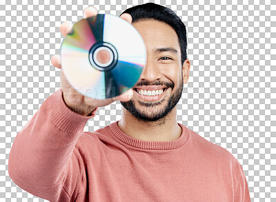 Man, holding and compact disc in studio portrait for smile, happ