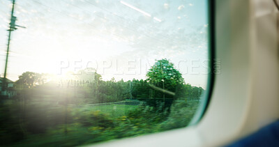 Buy stock photo Train, window and nature view for moving transportation in Japan for adventure, commute or travel. Locomotive, speed and outdoor forest or railway journey in countryside or vacation, carriage or trip