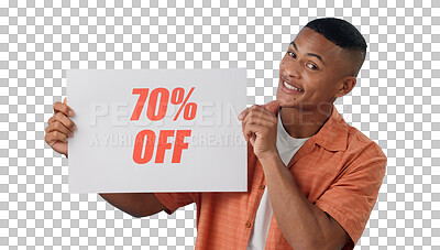 Portrait, happy man and board with sale in studio on blue background for mock up with discount, promo or offer. Cape Town, model or person with poster, notification or announcement for deal in space