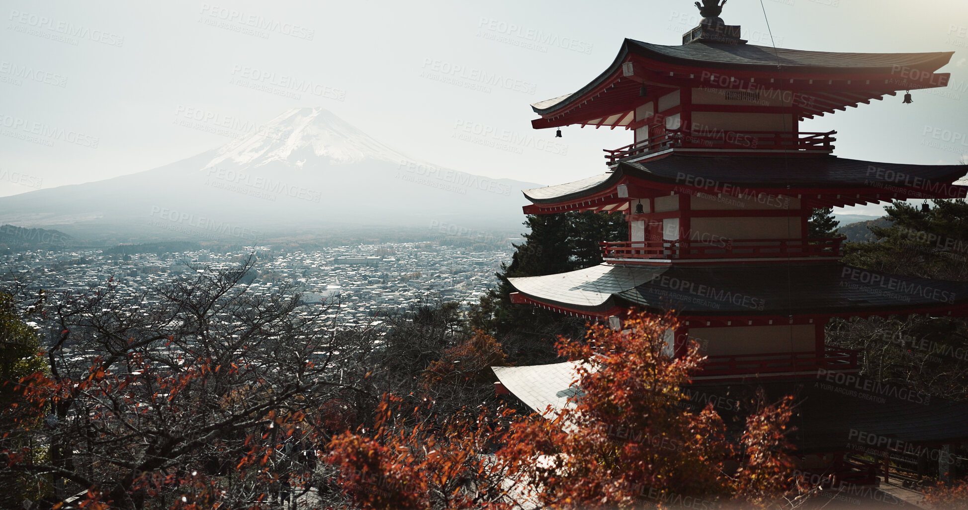 Buy stock photo Japanese temple, pagoda building with mountain and architecture, religion or tradition for travel and environment. Real estate, faith and culture with nature, landmark and Buddhism on Mount Fuji