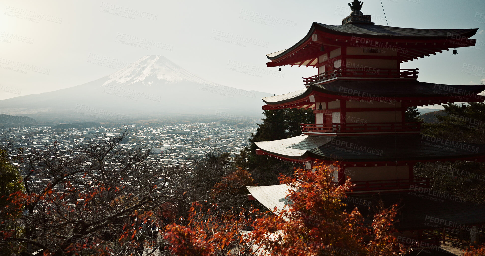 Buy stock photo Japanese temple, pagoda building in forest and architecture, religion or tradition for travel and environment. Real estate, faith and culture with mountain, nature and Buddhism on Mount Fuji volcano