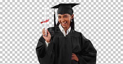 Graduate woman, certificate and portrait in studio with pride, success and achievement by blue background. Graduation, girl and diploma with award, celebration or paperwork for future from university