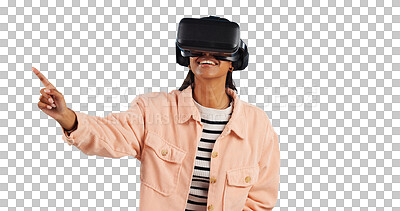 Virtual reality, press on screen and woman with future technology and smile in studio on blue background. Hologram, 3D and metaverse, digital world and high tech with user experience and VR software