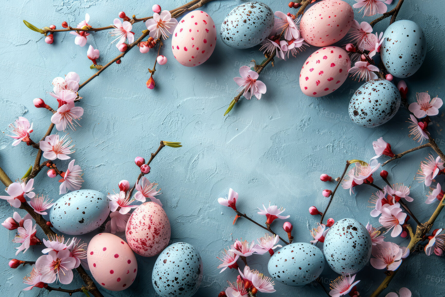 Buy stock photo Background, eggs and color for holiday, vacation and easter season with color, chocolate and celebration. Flowers, banner and decoration in abstract for creative wallpaper, advertisement and art.