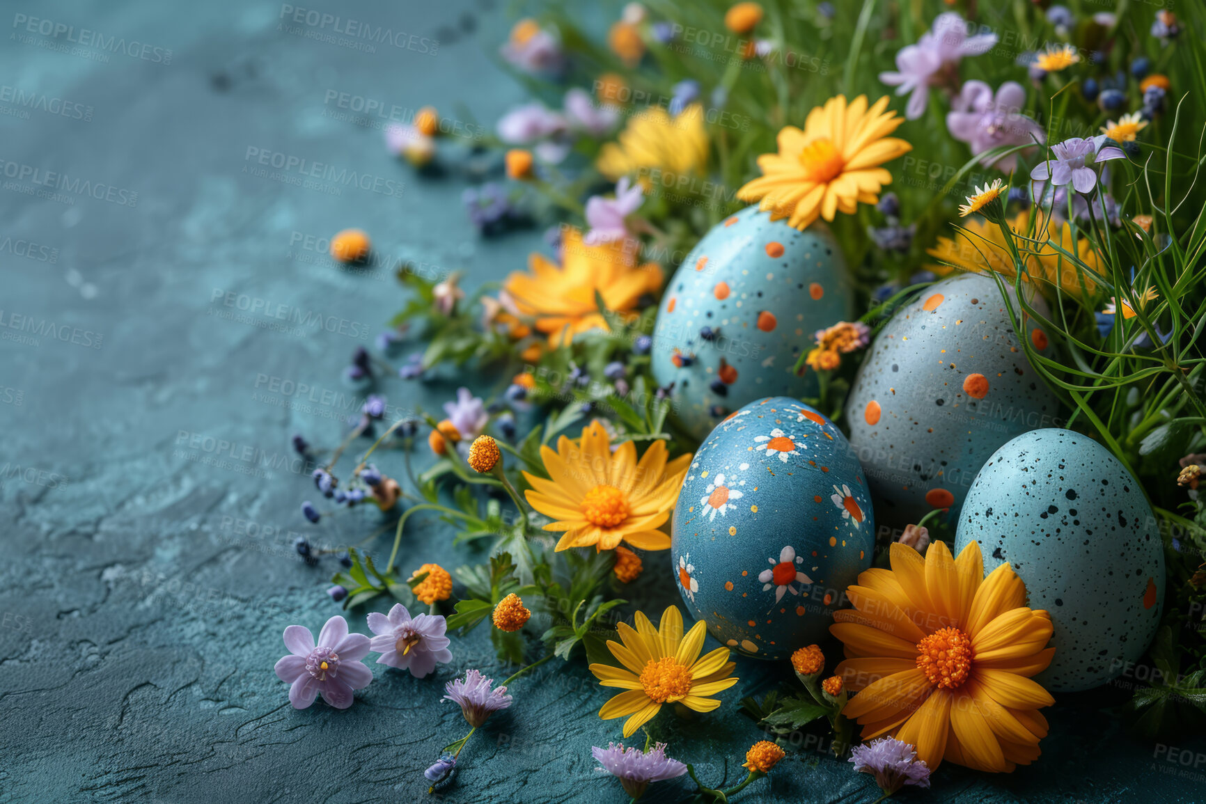 Buy stock photo Background, eggs and color for holiday, vacation and easter season with color, chocolate and celebration. Flowers, banner and decoration in abstract for creative wallpaper, advertisement and art.