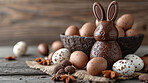 Chocolate, eggs and bunny for holiday, vacation and easter season with color, background and celebration. Mockup, banner and decoration in abstract for creative wallpaper, advertisement and art.