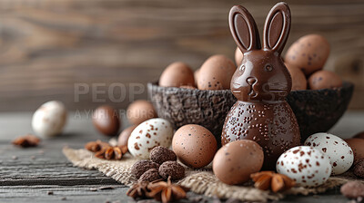 Buy stock photo Chocolate, eggs and bunny for holiday, vacation and easter season with color, background and celebration. Mockup, banner and decoration in abstract for creative wallpaper, advertisement and art.