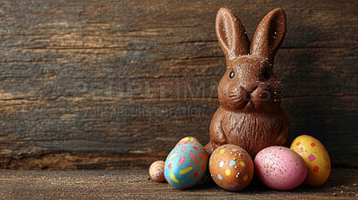 Chocolate, eggs and bunny for holiday, vacation and easter season with color, background and celebration. Mockup, banner and decoration in abstract for creative wallpaper, advertisement and art.