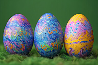 Background, eggs and color for holiday, vacation and easter season with color, chocolate and celebration. Green, purple and decoration in abstract for creative wallpaper, advertisement and art.