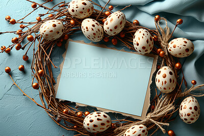Background, eggs and card for holiday, vacation and easter season with color, chocolate and celebration. Mockup, banner and decoration in abstract for creative wallpaper, advertisement and art.