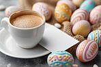 Background, eggs and color for holiday, vacation and easter season with color, chocolate and celebration. Coffee, banner and decoration in abstract for creative wallpaper, advertisement and art.