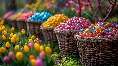 Background, eggs and color for holiday, basket and easter season with color, chocolate and celebration. Flowers, sunshine and decoration in abstract for creative wallpaper, advertisement and art.