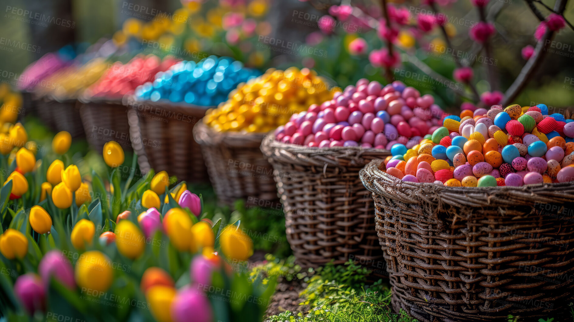 Buy stock photo Background, eggs and color for holiday, basket and easter season with color, chocolate and celebration. Flowers, sunshine and decoration in abstract for creative wallpaper, advertisement and art.