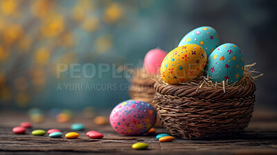 Background, eggs and color for holiday, vacation and easter season with color, chocolate and celebration. Pastel, table and decoration in abstract for creative wallpaper, advertisement and art.