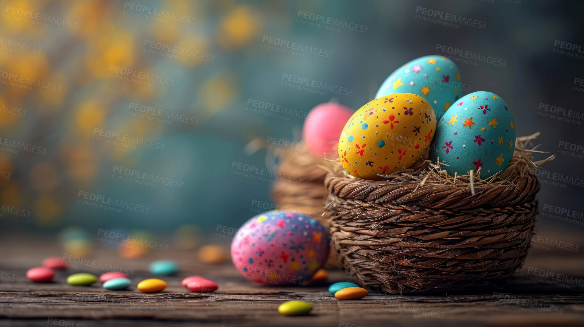 Buy stock photo Background, eggs and color for holiday, vacation and easter season with color, chocolate and celebration. Pastel, table and decoration in abstract for creative wallpaper, advertisement and art.