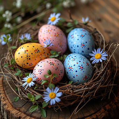Background, eggs and color for holiday, vacation and easter season with color, chocolate and celebration. Nest, flowers and decoration in abstract for creative wallpaper, advertisement and art.