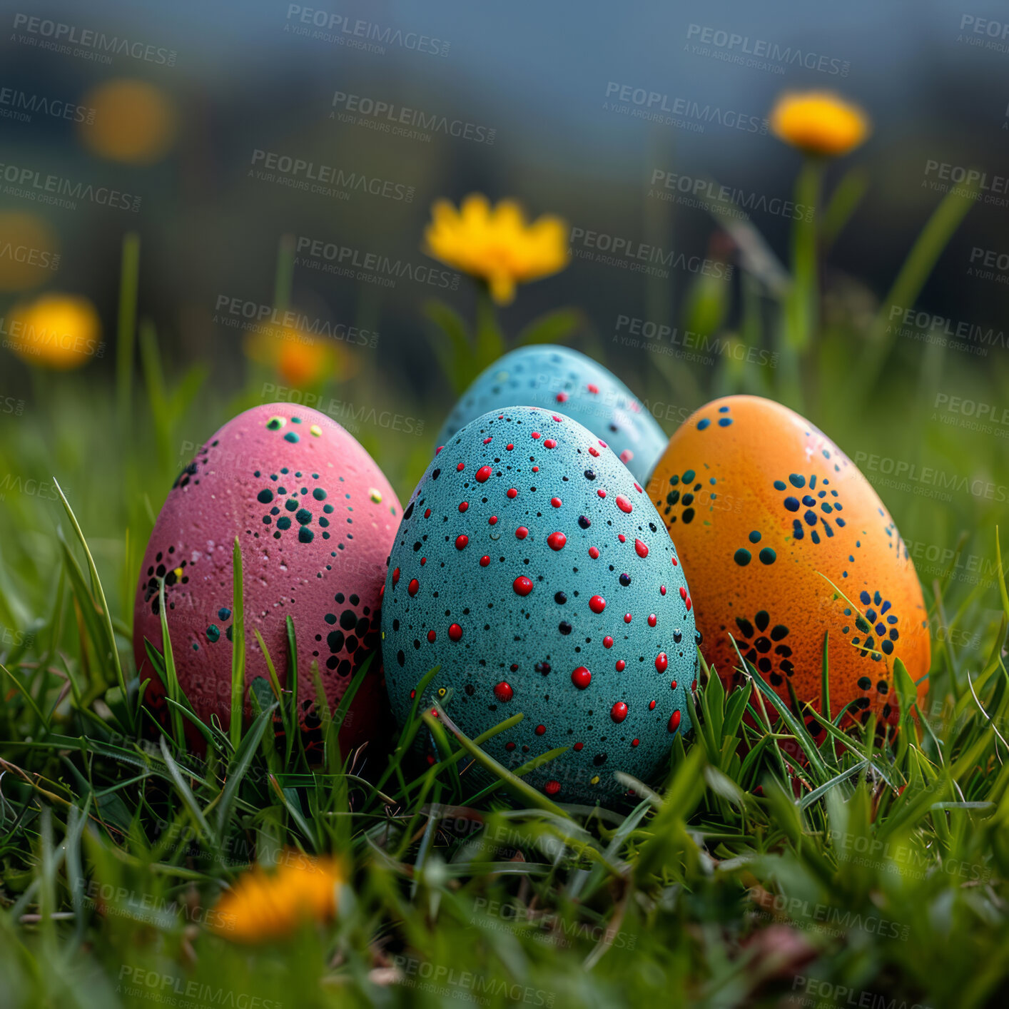 Buy stock photo Background, eggs and color for holiday, vacation and easter season with color, chocolate and celebration. Flowers, grass and decoration in abstract for creative wallpaper, advertisement and art.
