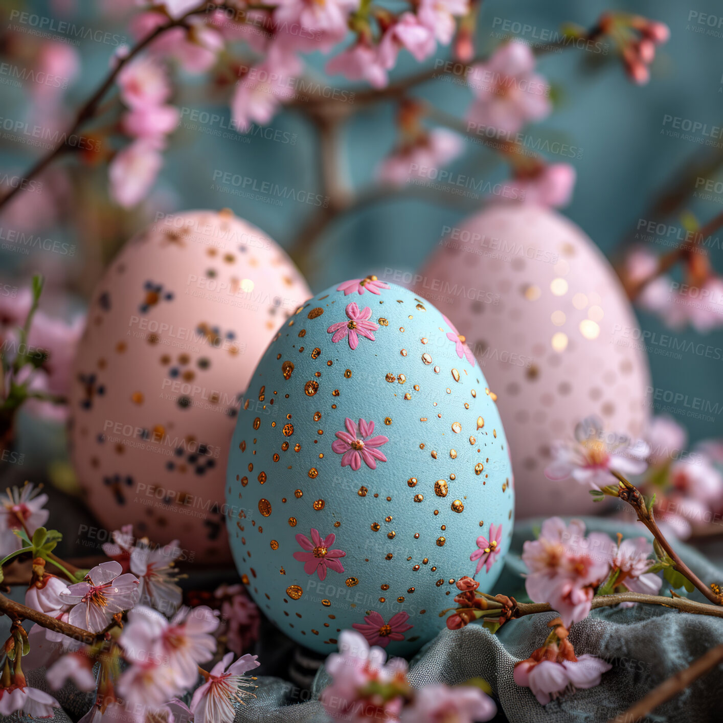 Buy stock photo Background, eggs and color for holiday, vacation and easter season with color, chocolate and celebration. Flowers,  pastel and decoration in abstract for creative wallpaper, advertisement and art.