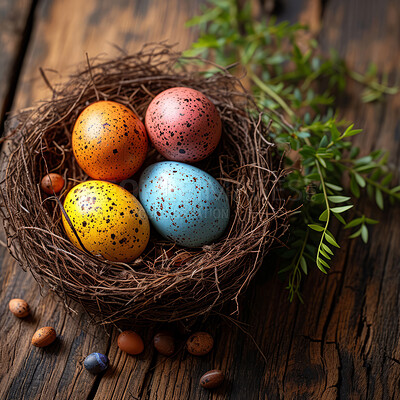 Background, eggs and color for holiday, vacation and easter season with color, chocolate and celebration. Nest, table and decoration in abstract for creative wallpaper, advertisement and art.