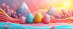 Background, eggs and color for holiday, vacation and easter season with color, chocolate and celebration. Pastel, banner and decoration in abstract for creative wallpaper, advertisement and art.