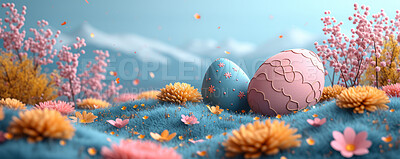 Background, eggs and color for holiday, vacation and easter season with color, chocolate and celebration. Flowers, banner and decoration in abstract for creative wallpaper, advertisement and art.