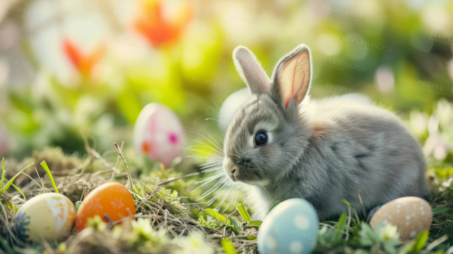 Buy stock photo Easter bunny, eggs and sunset for holiday, vacation and festive season with color, chocolate and cute face. Sunshine, rabbit and animal portrait in vintage vehicle for creative celebration art.