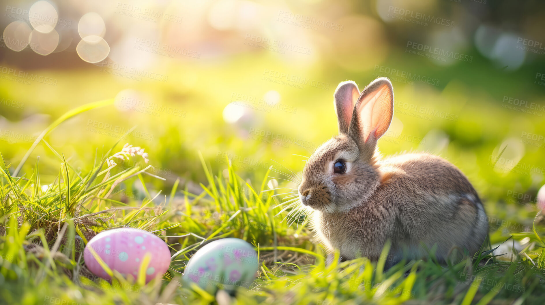 Buy stock photo Easter bunny, eggs and sunset for holiday, vacation and festive season with pastel color, chocolate and cute face. Sunshine, rabbit and animal portrait in vintage vehicle for creative celebration art.