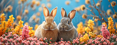 Background, celebration and bunny for holiday, vacation and easter season with color, chocolate and cute. Flowers, banner and decoration in abstract for creative wallpaper, advertisement and art.