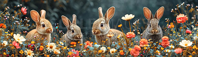 Background, celebration and bunny for holiday, vacation and easter with color, chocolate and illustration. Flowers, banner and decoration in abstract for creative wallpaper, advertisement and art.