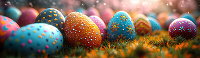 Background, eggs and color for holiday, vacation and easter season with color, chocolate and celebration. Festive, banner and decoration in abstract for creative wallpaper, advertisement and art.
